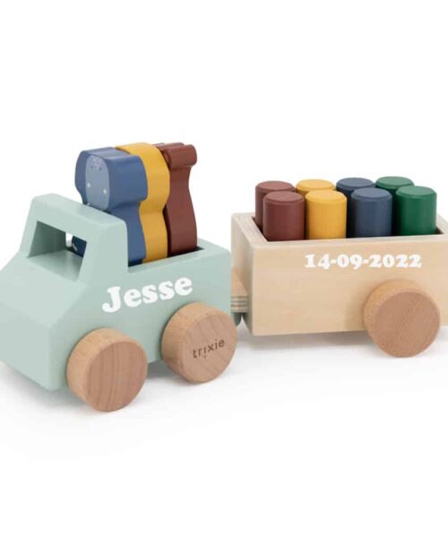 Houten dierenauto met aanhangwagen